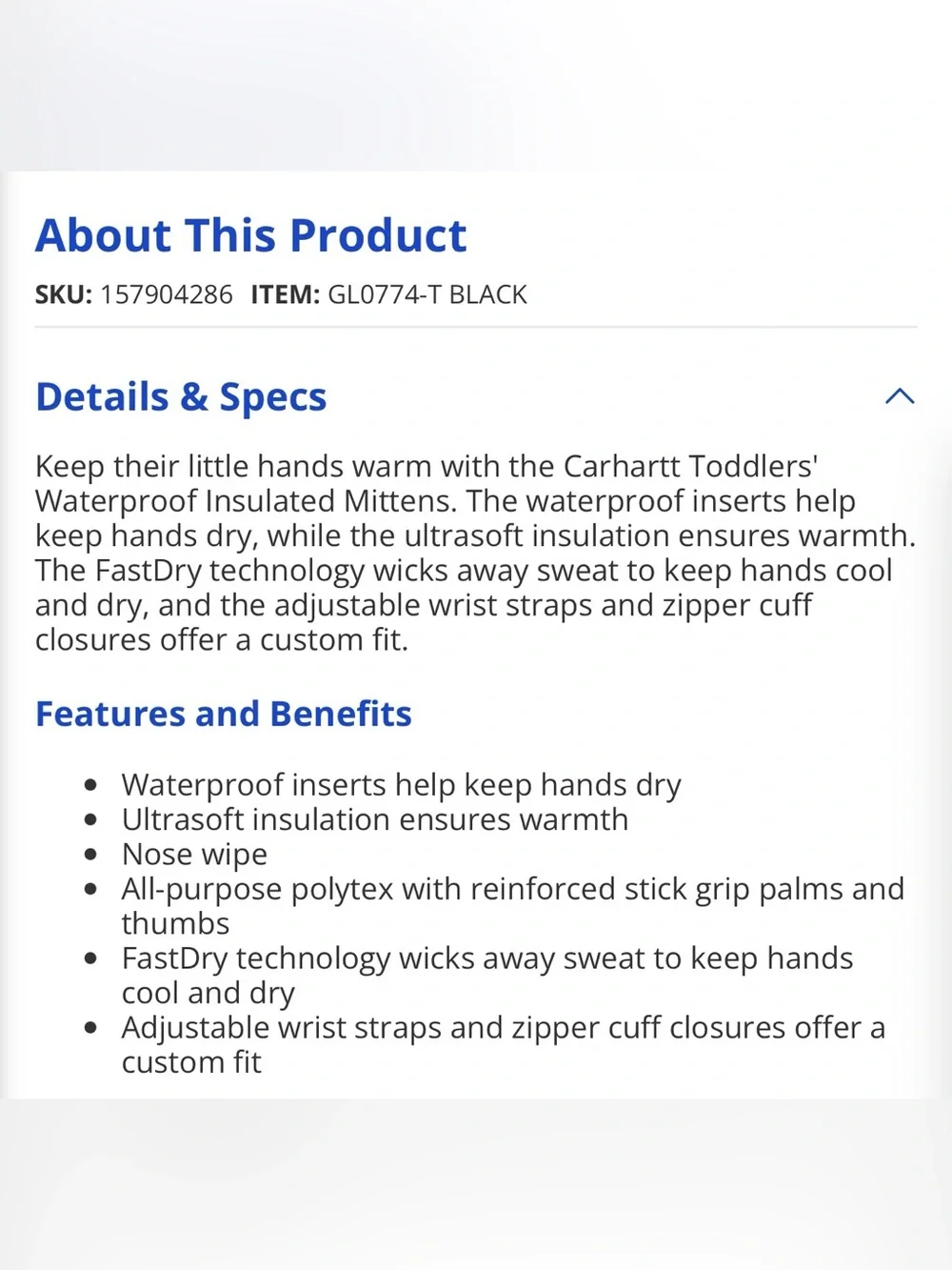 Carhartt Toddlers' Waterproof Insulated Mittens